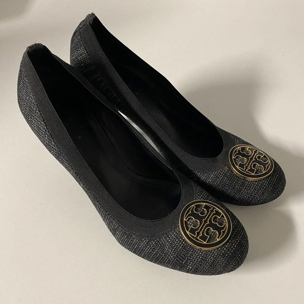 Tory Burch Pump Caroline Tweed Black Gold Round Toe Logo 9 M 3